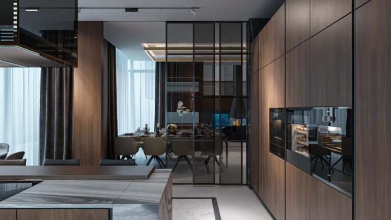 Интерьер кухни с отделкой зеркалами и коричневыми фасадами