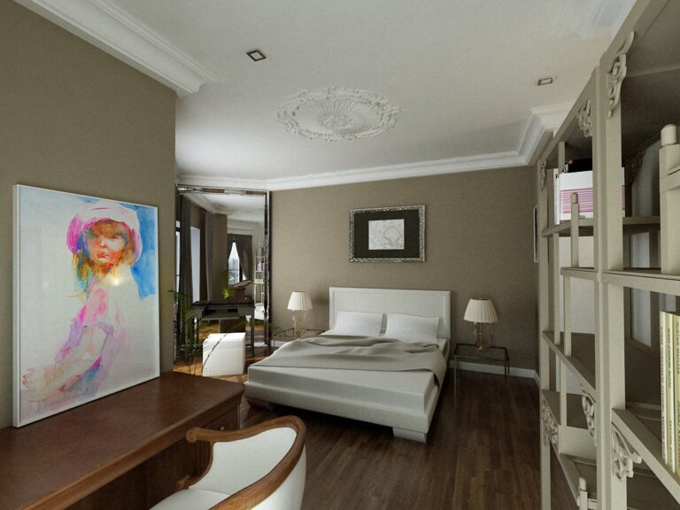 Коричневый ламинат в светлом интерьере спальни