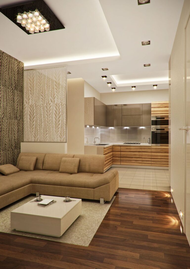 Уютная гостиная в натуральных тонах с каштановым ламинатом