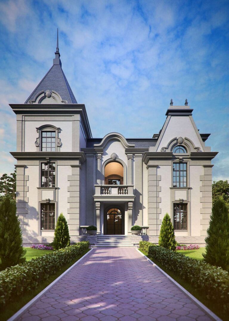 Серая отделка в фасаде загородного дома