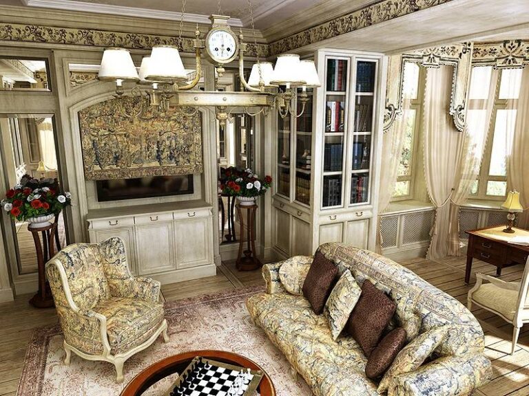 Спокойный дизайн гостиной с букетами в белых вазах