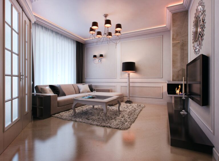 Лаконичный дизайн гостиной с декоративным камином