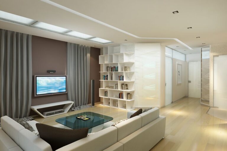 Интерьер прихожей и гостиной с бело-бежевой мебелью