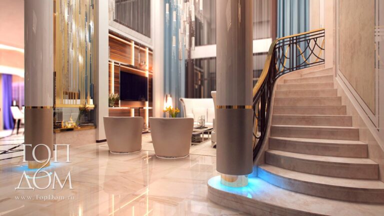 Включенные светильники вечером в дизайне гостиной