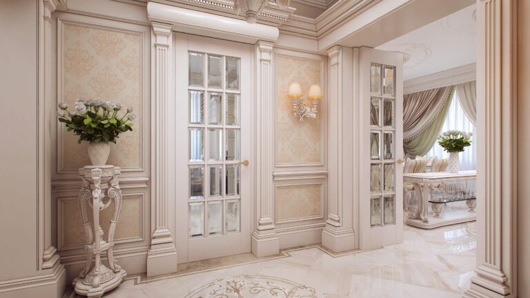 Стеновые кремовые панели с крупными узорами в дизайне белого коридора