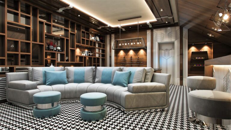 Светло-серый диван и голубые пуфы в обстановке зоны отдыха бильярдной