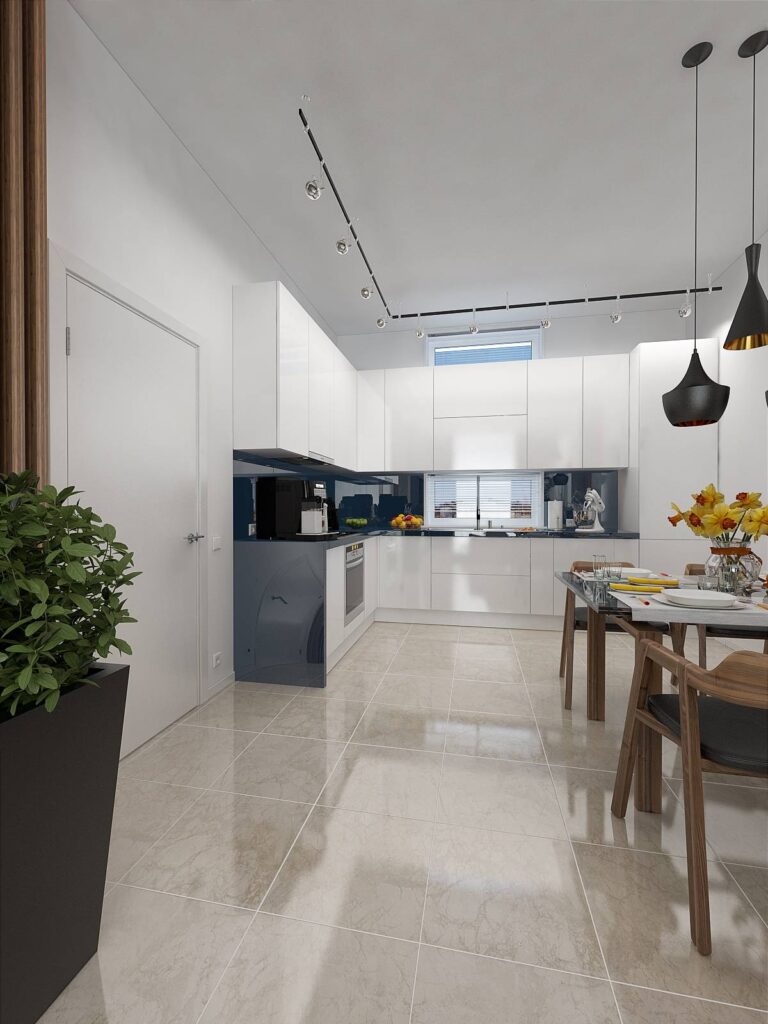 Темно-серые полированные панели в дизайне белой кухни