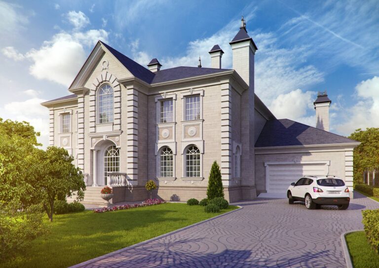 Гараж на левом фасаде особняка из штукатурки и зона парковки из серой плитки