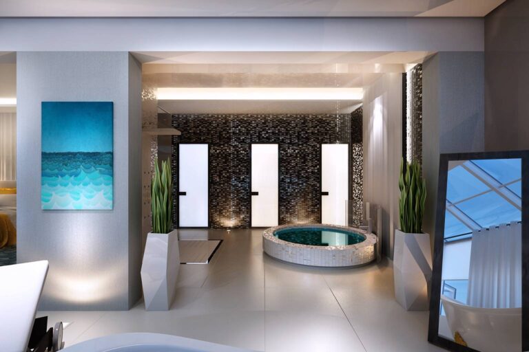 Стена с мелкой темной мозаикой в дизайне ванной