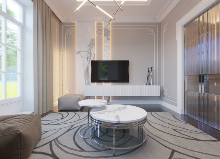 Интерьер гостиной с красиво оформленной зоной ТВ