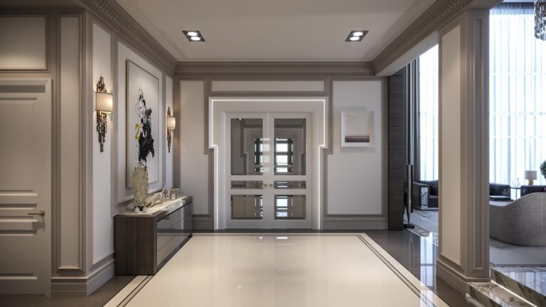 Дизайн современного холла в серых и бежевых тонах