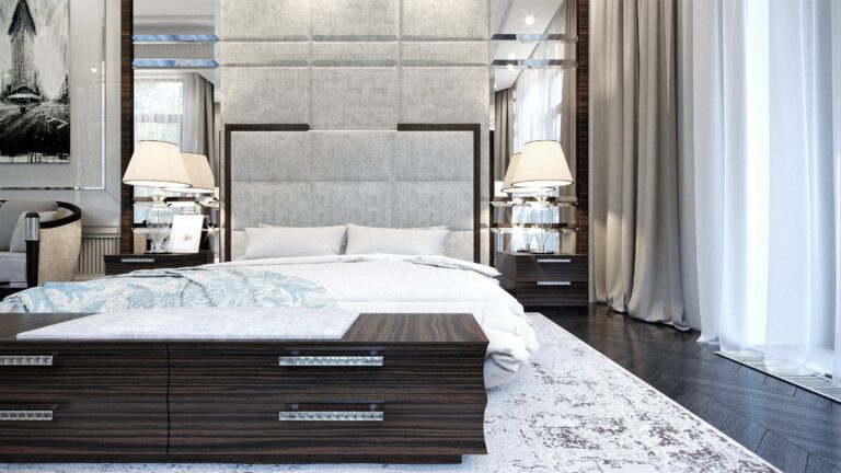 Интерьер спальни с кроватью с высоким серым изголовьем и темно-коричневыми тумбами