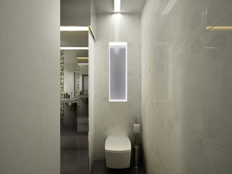 Вытянутые световые панели в светлом интерьере ванной