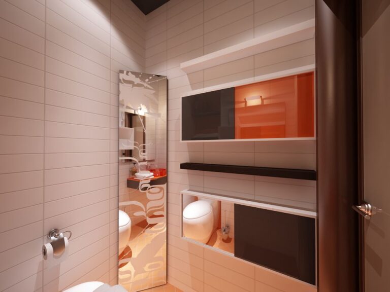 Матовый рисунок на угловом зеркале в интерьере ванной