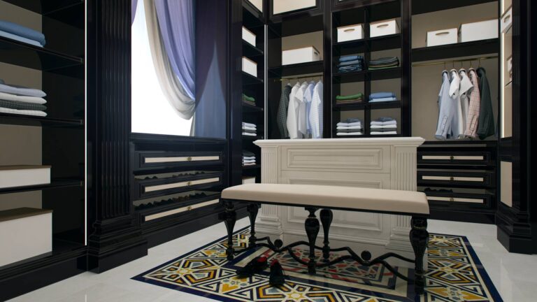 Мужская гардеробная комната с бежевой скамьей на черном основании