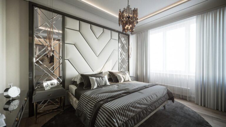 Дизайн спальни с декорированными зеркальными панелями