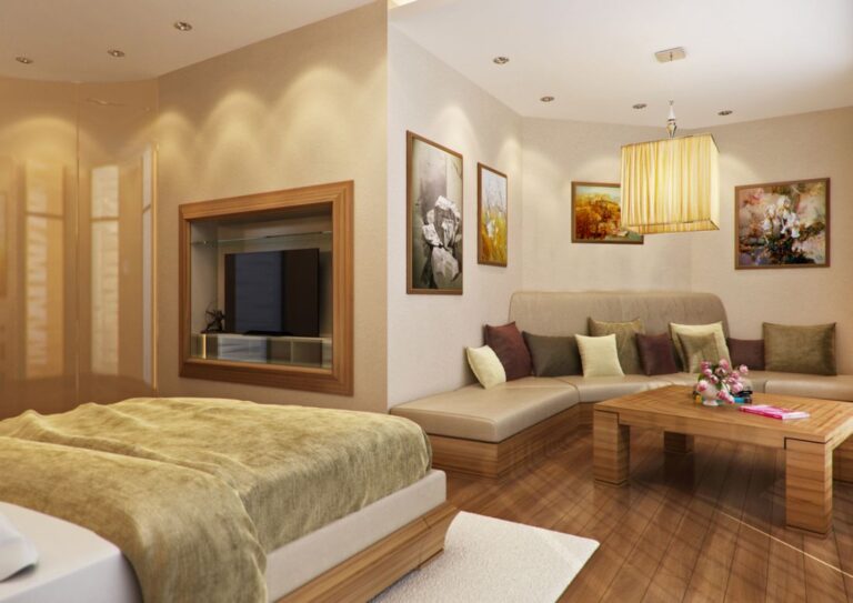 Вставки из светло-коричневого дерева в оформлении спальни с фигурными стенами