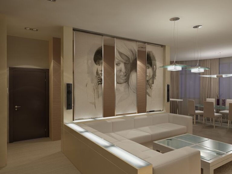 Интерьер прихожей, объединенной с большой гостиной