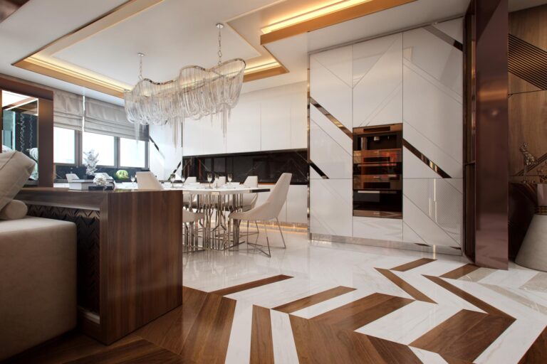 Дизайн кухни с большой люстрой из серебристых цепочек