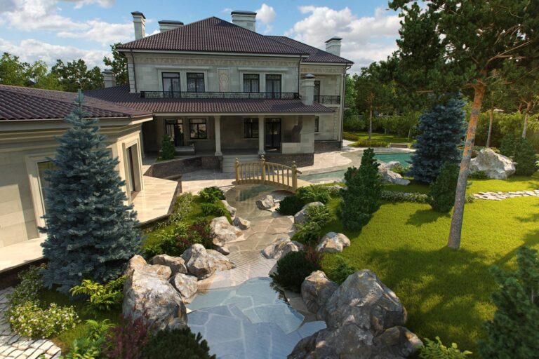 Искусственный водоем в виде речки во внутреннем дворе