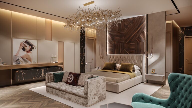 Отделка стен панелями в дизайне большой спальни