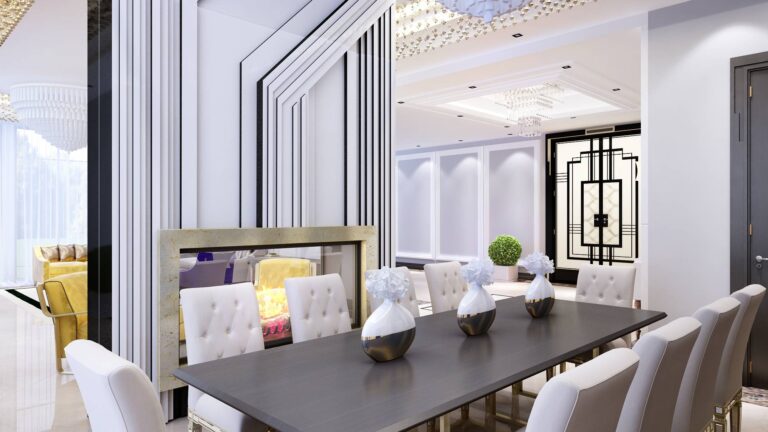 Двусторонний камин в эффектном дизайне столовой