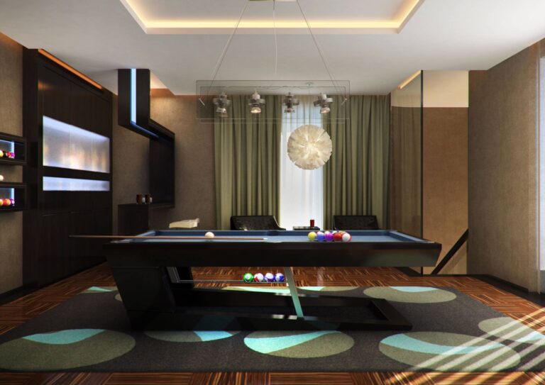 Стильный стол для бильярда в интерьере бильярдной