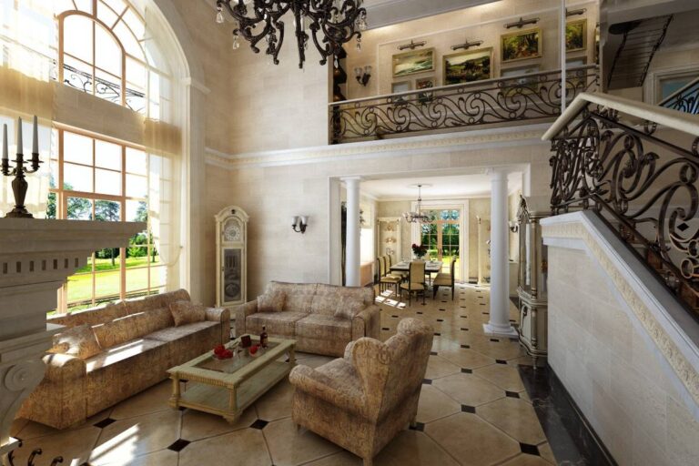 Роскошный дизайн гостиной с двухуровневым окном