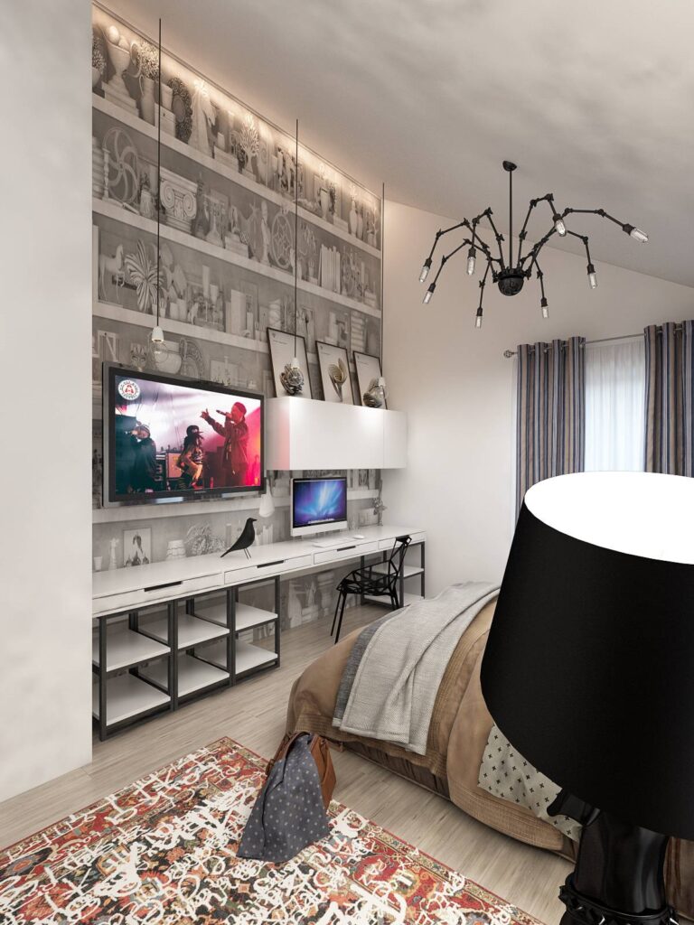 Белая спальня со стеной, украшенной  рисунком в серой цветовой гамме