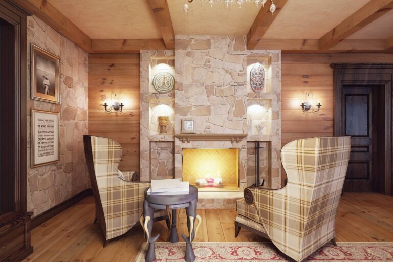 Уютный дизайн гостиной с массивным камином из камня