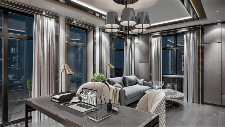 Интерьер кабинета со светло-серым диваном