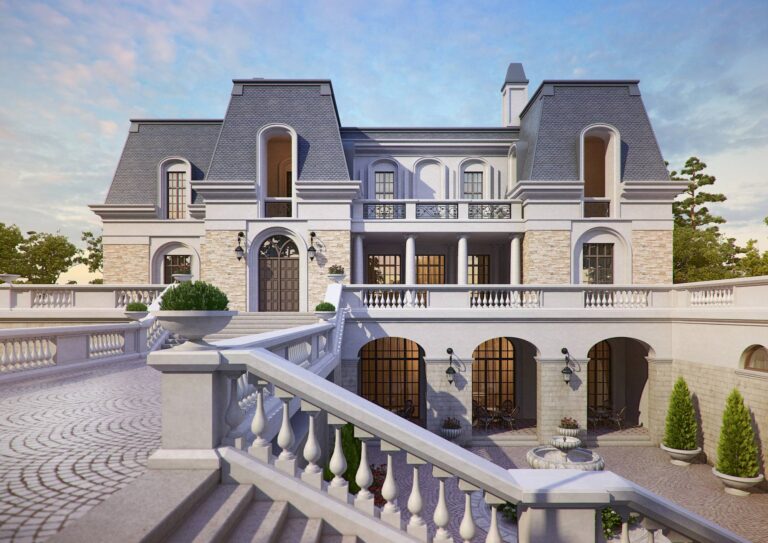 Фасад дома из светлого кирпича с мостом через искусственный водоем