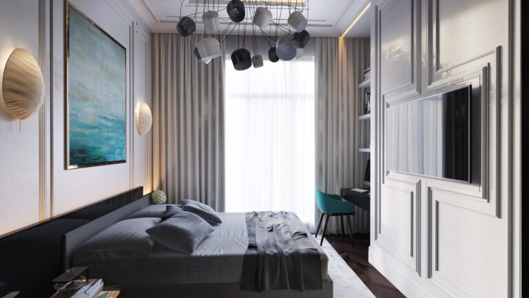 Бирюзовые акценты в дизайне черно-белой спальни