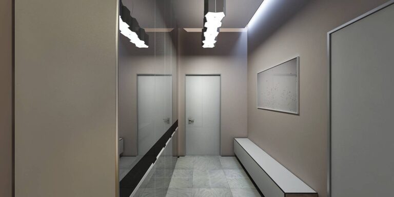 Подсветка, зеркала и матовые панели в интерьере прихожей