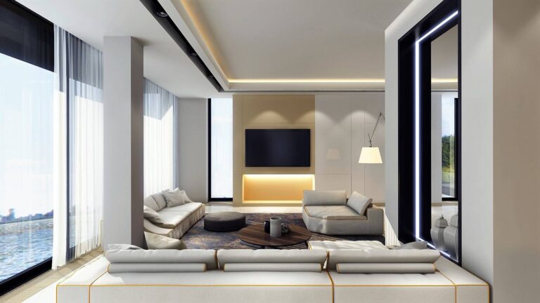 Оформление больших окон белsv тюлем в интерьере зоны отдыха гостиной