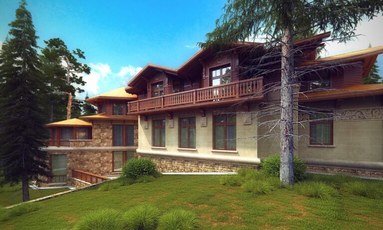 Камень и плитка в отделке бокового фасада дома