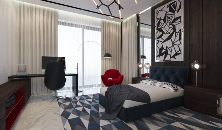 Компактная спальня с кроватью в темно-синей обивке