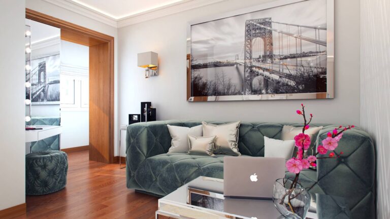 Дизайн спальни с туалетным столиком, пуфом и диваном в зеленом цвете