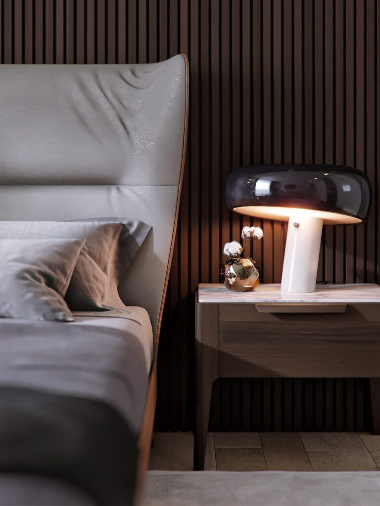 Дизайн спальни с коричневой прикроватной тумбой