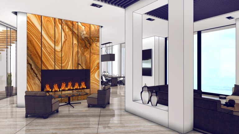 Эскиз интерьера современного холла со встроенным камином с застекленным экраном