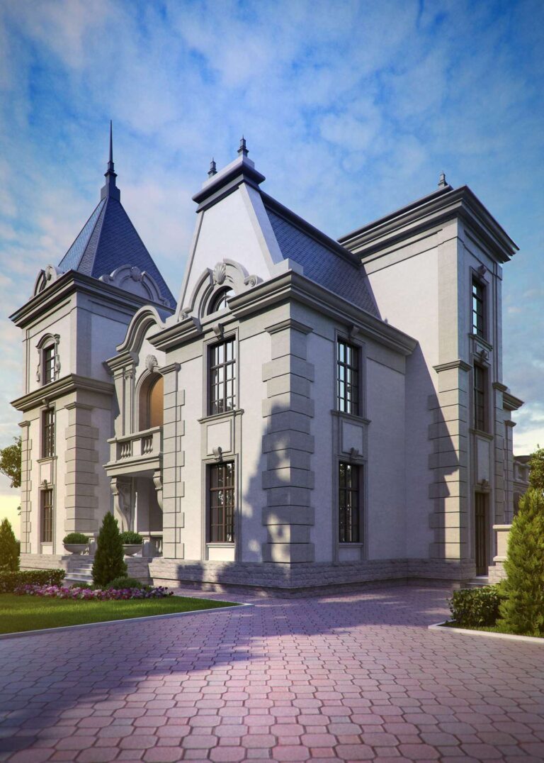 Мансарды и балкон в фасаде дома из серой отделки