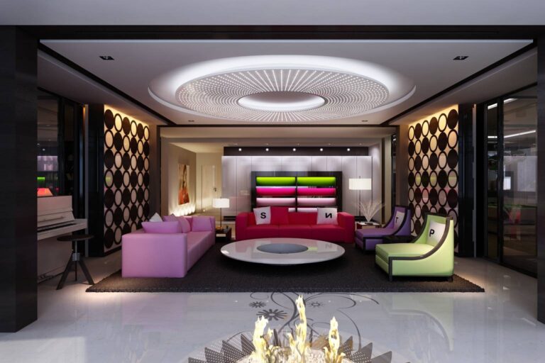 Молодежный интерьер гостиной с яркой мебелью