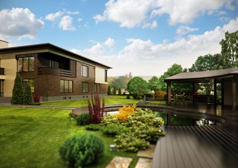 Фигурный бассейн в дизайне территории частного дома