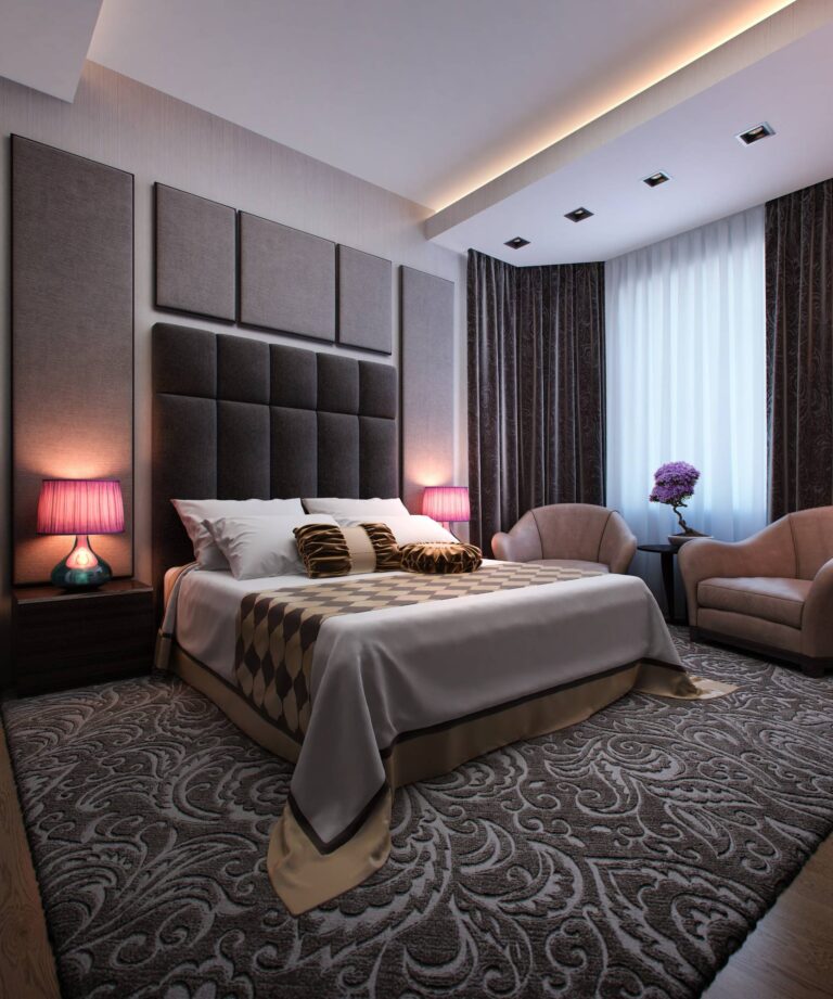Эффектный интерьер спальни с серыми и черными акцентами