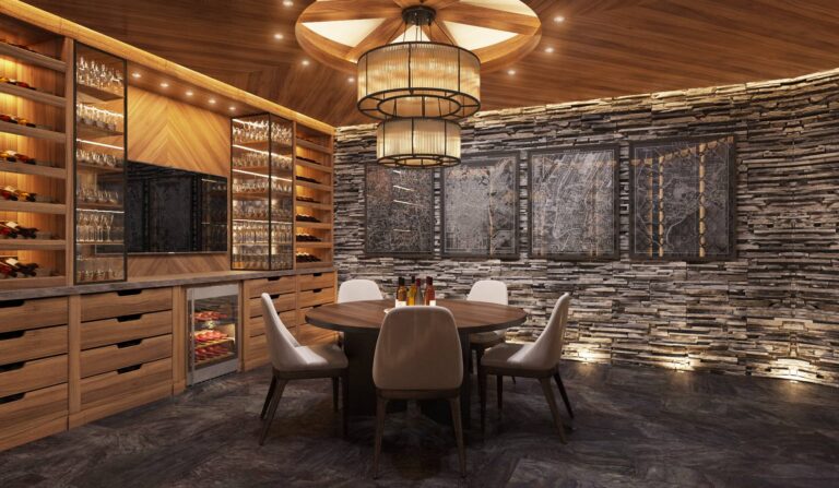 Встроенное многоуровневое освещение интерьера домашнего бара