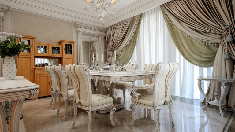 Большое панорамное окно в художественном дизайне столовой