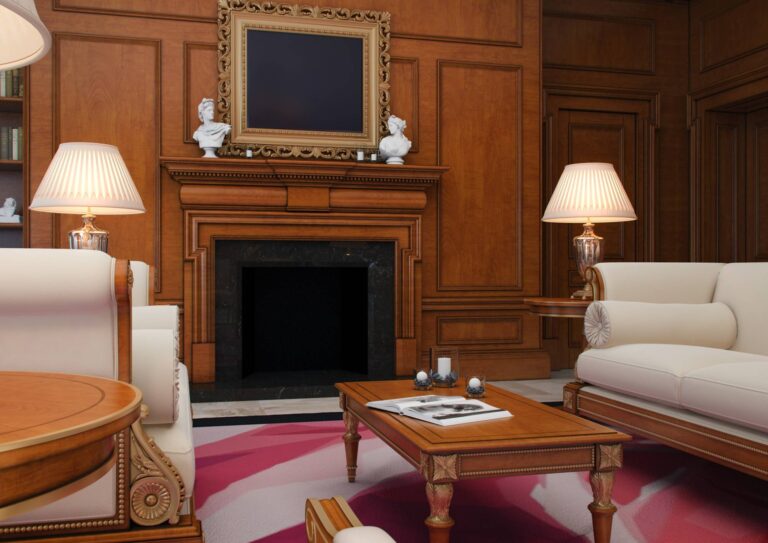 Дизайн гостиной с черным камином в классическом стиле
