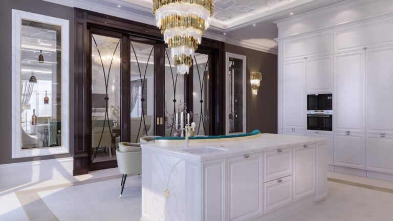 Коричневые межкомнатные двери в дизайне белой кухни