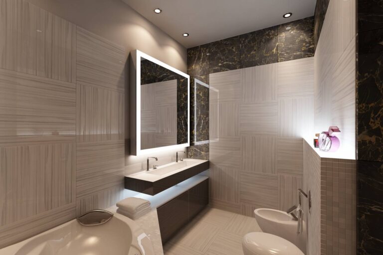 Интерьер санузла с подсветкой в зеркале и в раковине