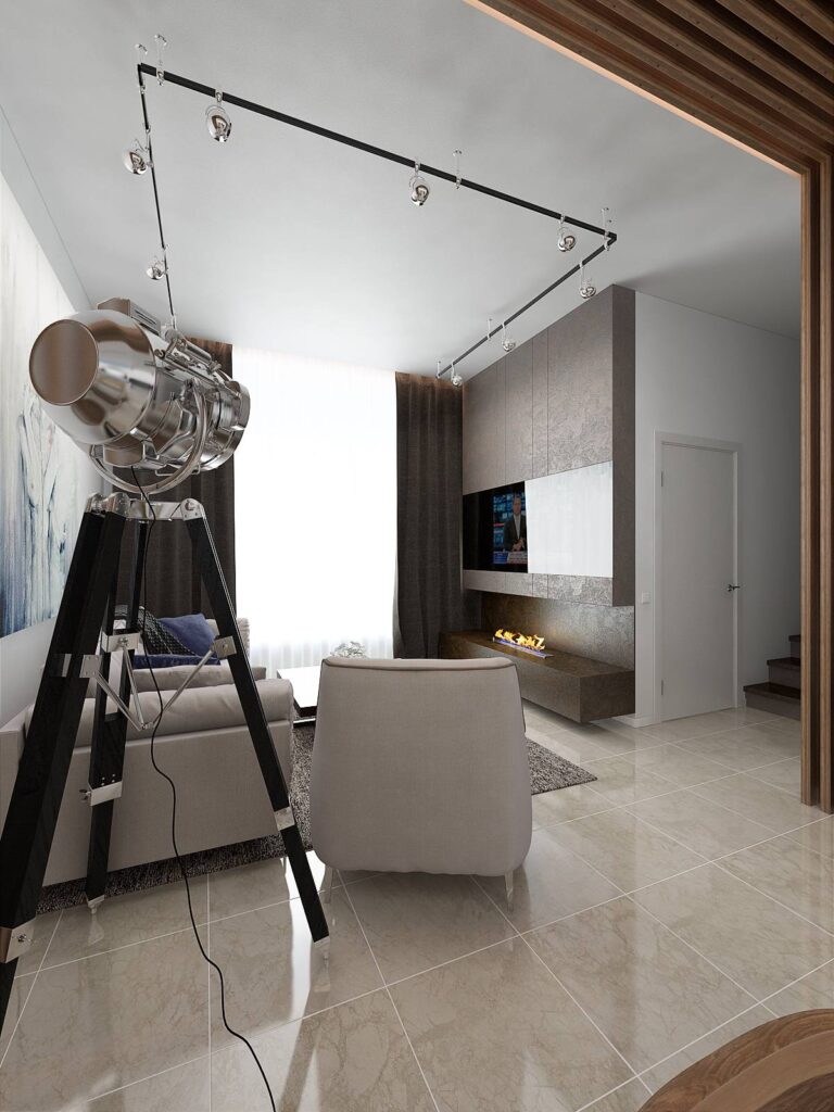 Большое панорамное окно в интерьере компактной гостиной